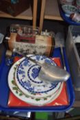 Mixed Lot: Glass ship in a bottle, dinner ware, shoe trees, napking rings etc