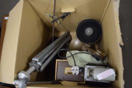 Box of mixed items to include camera tripod, industrial style lamp, small electric motor and other