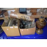 Mixed Lot: Two boxes of vintage bottles and a brass based oil lamp