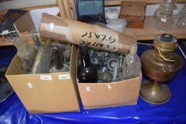 Mixed Lot: Two boxes of vintage bottles and a brass based oil lamp