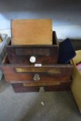 Four assorted vintage apothecary drawers and a small collection of glass ware