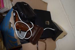 Box of various cameras, technical drawing sets, binoculars, vintage projector etc