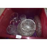 Box of various drinking glasses, glass bowls, jugs etc