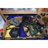 Box of mixed items to include kitchen scales, storage jars, cameras etc