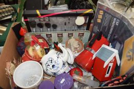 Mixed Lot: A red stove top La Cafetierre, tea wares, scented candles, money box and other items