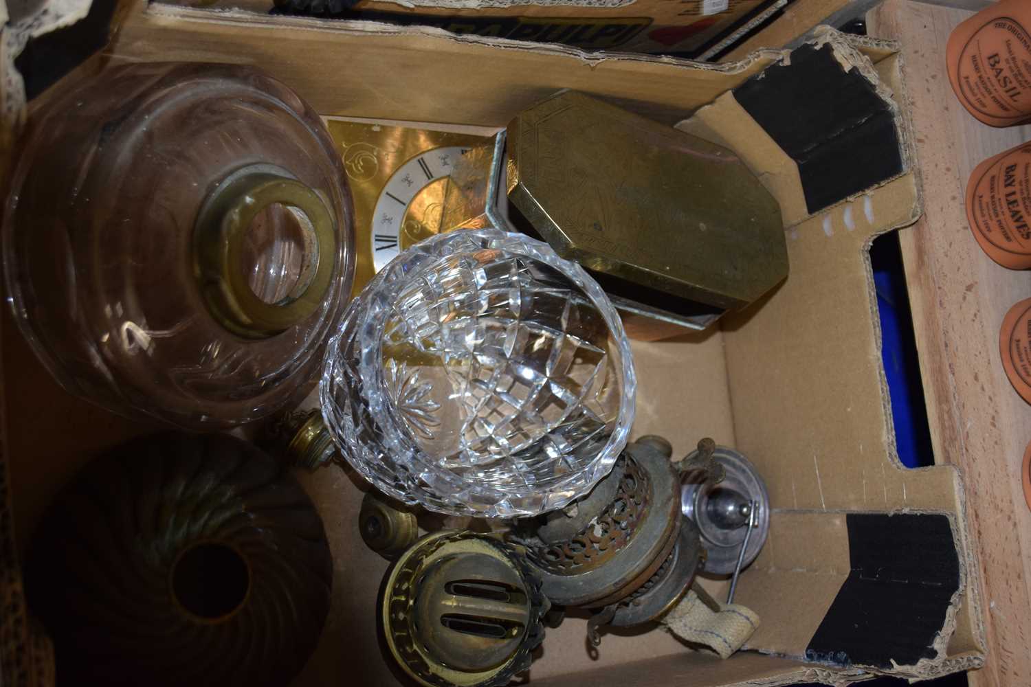 Box of various oil lamp parts and other items