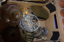 Box of various oil lamp parts and other items