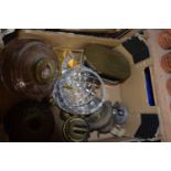 Box of various oil lamp parts and other items
