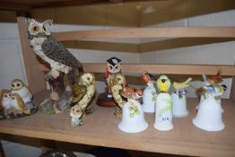 Mixed Lot: Various assorted owl and bird ornaments, small porcelain table bells with bird mounts