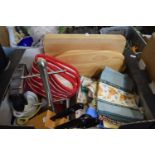 Box of assorted kitchen wares to include chopping boards, bake dishes, set of kitchen knives etc