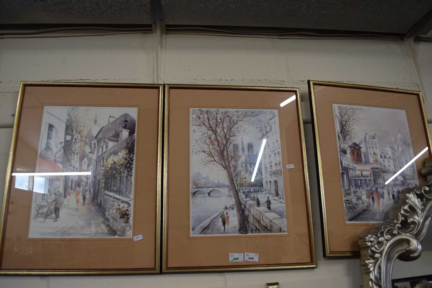 Set of three coloured prints, Parisian street scenes