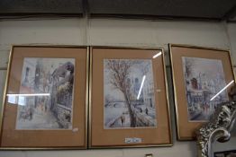 Set of three coloured prints, Parisian street scenes