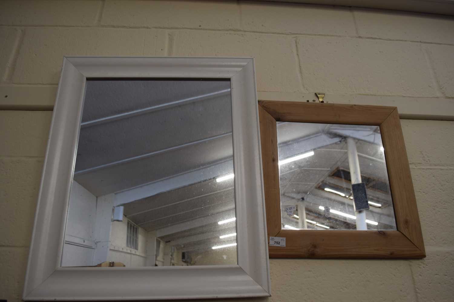 Square pine framed wall mirror together with a white framed rectagular wall mirror (2)