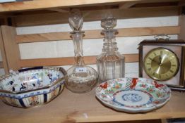 Mixed Lot: An Imari decorated plate, decanters, mantel clock and a further bowl