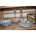 Mixed Lot: An Imari decorated plate, decanters, mantel clock and a further bowl