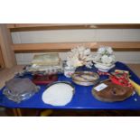 Mixed Lot: Polished cigarette box, various glass wares, ornaments, silver plated coasters etc