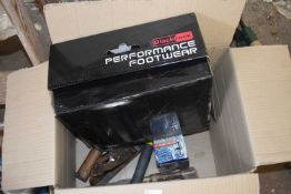 Box of mixed items to include safety footwear, wood working tools etc