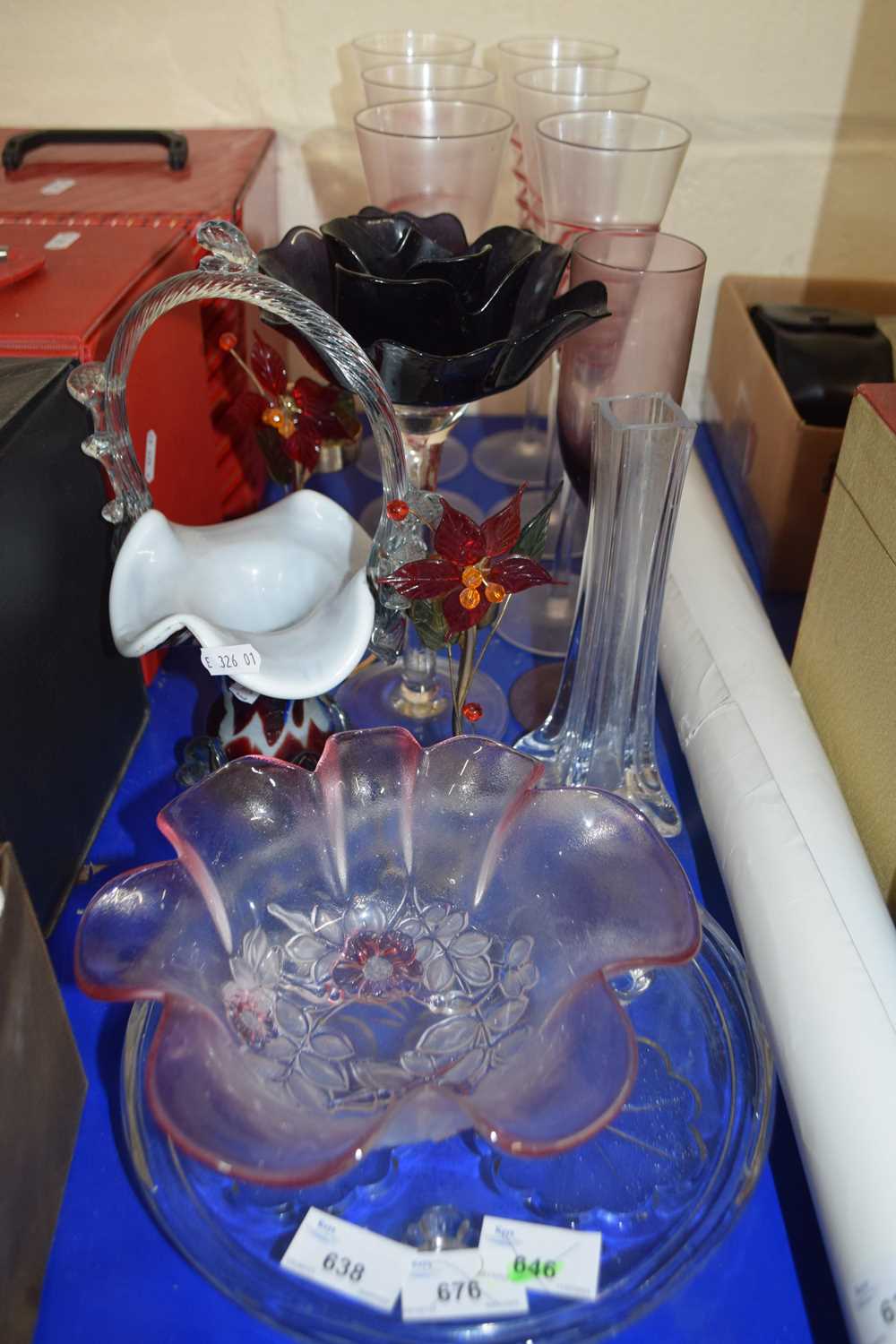 Quantity of six red decorated champagne glasses together with a quantity of other glass ware