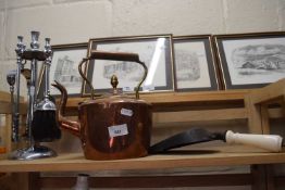 Fire companion set, copper kettle and a coal shovel