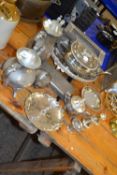 Mixed Lot: Various assorted silver plated tea wares, cruet items, serving trays etc