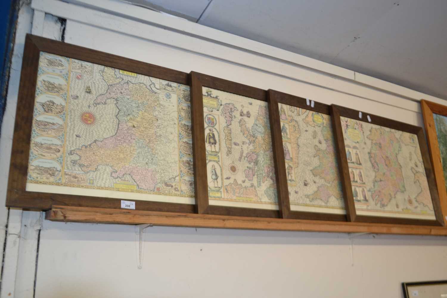 Set of four reproduction coloured maps England, Scotland, Wales and Ireland, framed