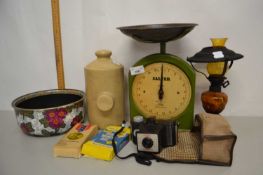 Mixed Lot: Vintage Salter scales, small oil lamp and other assorted items