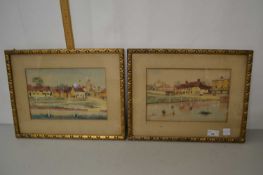 W E Fuller - A pair of studies, village scenes, watercolours, framed and glazed