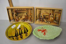 Mixed Lot: Poole dish decorated with yachts together with two Ivorex wall plaques and a further