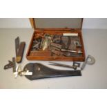Box of various small woodworking tools, calipers, measures etc