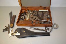 Box of various small woodworking tools, calipers, measures etc