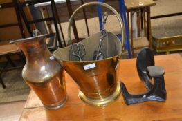 Mixed Lot: Brass coal bucket, fire tools, copper jug, shoe makers last etc