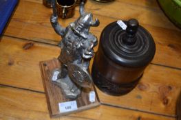 Mixed Lot: A hardwood tobacco jar together with a cast metal model of a Viking