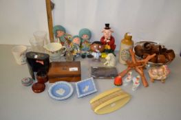 Mixed Lot: Various small dolls, wooden napkin rings, dressing table brushes, assorted ornaments etc