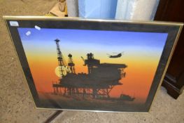 Coloured print of an oil rig, framed and glazed