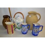 Mixed Lot: Modern Oriental kettle, various jugs to include a pottery jug marked The Famous Fox &
