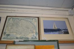 Mixed Lot: Framed map of Norfolk together with a photographic print of a yacht (2)