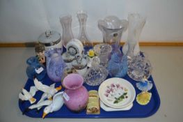 Tray of various assorted glass vases, a set of wall mounted sea gulls and various other items