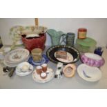 Mixed Lot: Peter Rabbit plates, various tea wares, jardiniere, glass cake stand etc