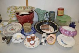 Mixed Lot: Peter Rabbit plates, various tea wares, jardiniere, glass cake stand etc