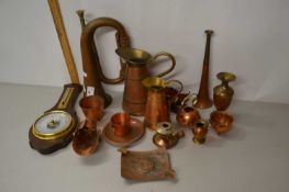 Mixed Lot: Copper bugle, various copper jugs, vases, small barometer etc