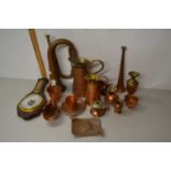 Mixed Lot: Copper bugle, various copper jugs, vases, small barometer etc