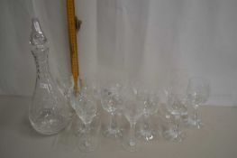 Stuart Crystal glass fuschia decanter and accompanying glasses plus others