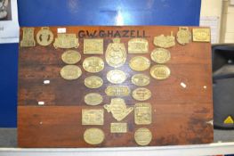 A wooden board mounted with various brass steam engine rally plaques