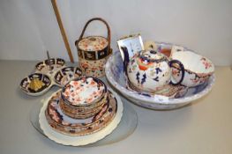 Mixed Lot: Floral decorated washbowl, various Imari style tea wares, biscuit barrell, small mantel