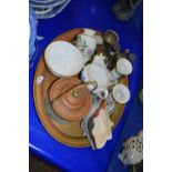 Tray of various mixed china wares to include dressing table candlesticks, miniature tea set and