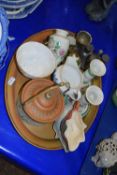 Tray of various mixed china wares to include dressing table candlesticks, miniature tea set and