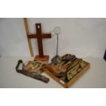 Mixed Lot: Wooden crucifix, horse brasses, desk magnifiers, opera glasses etc