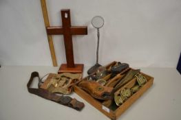 Mixed Lot: Wooden crucifix, horse brasses, desk magnifiers, opera glasses etc