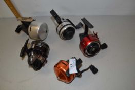 Group of five closed face centre pin fishing reels to include Daiwa and others