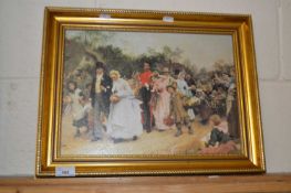 Framed oleograph study of a wedding scene, gilt framed